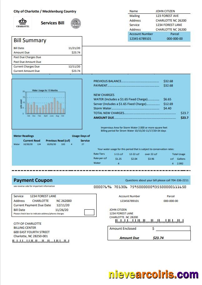USA North Carolina City of Charlotte water utility bill